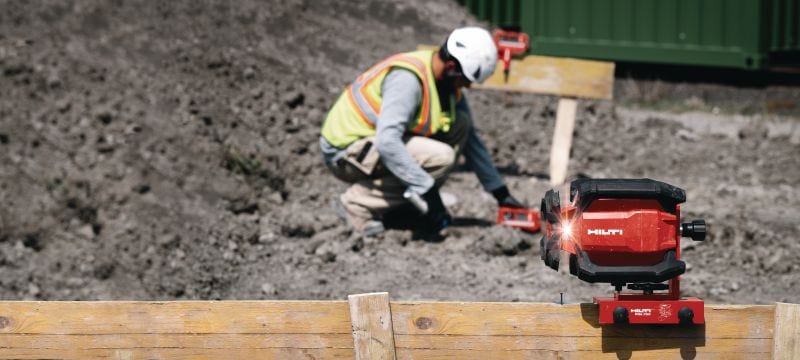 PR 40-22 Nivel láser rotativo de pendiente simple Nivel láser rotativo exterior sólido con funciones automáticas para nivelado de larga distancia, alineación, pendientes y para hacer escuadras (plataforma de batería Nuron) Aplicaciones 1